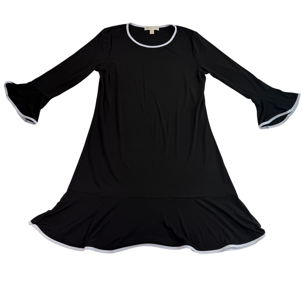 Michael Kors Black White Flare Sleeve Ruffle Hem Dress Size L Long Sleeve